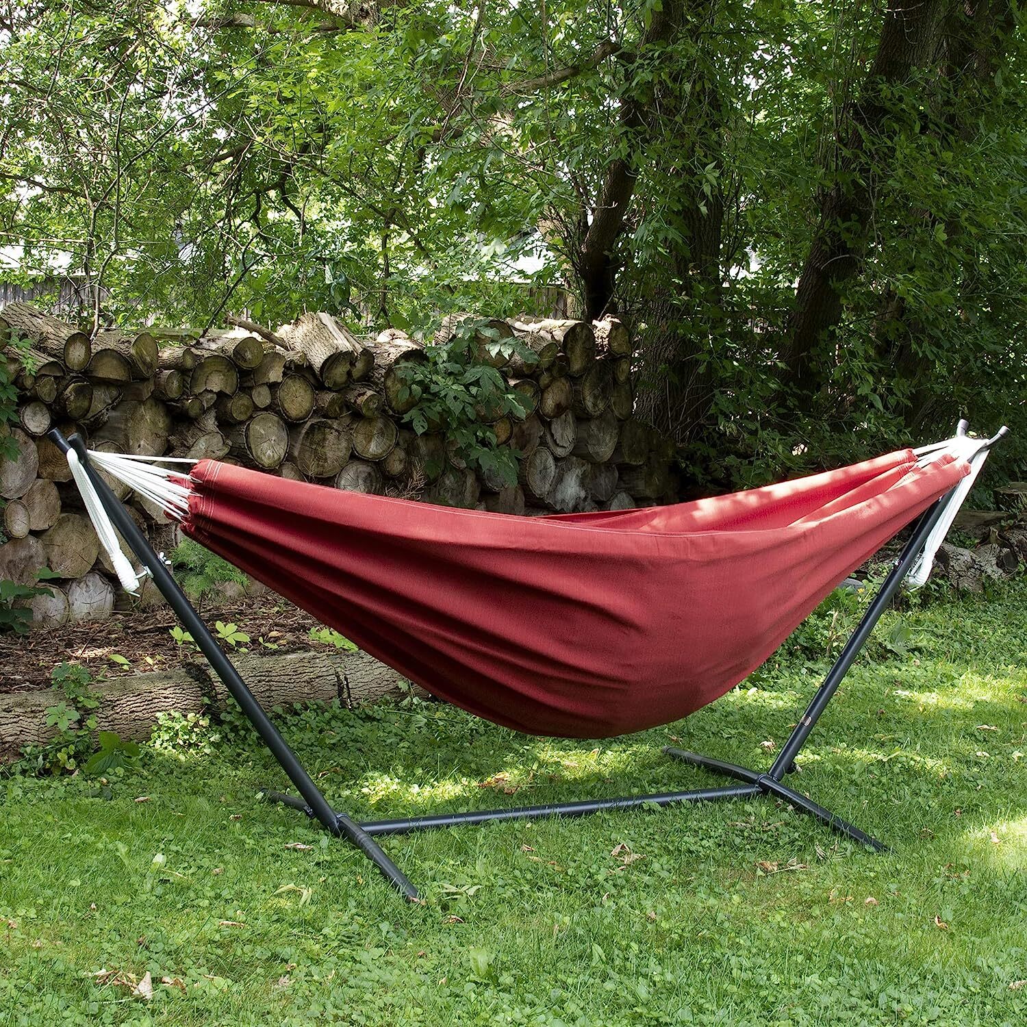 Vivere Double Cotton Hammock with Steel Stand, 450 lb Capacity, Tropical Colors, Includes Premium Carry Bag