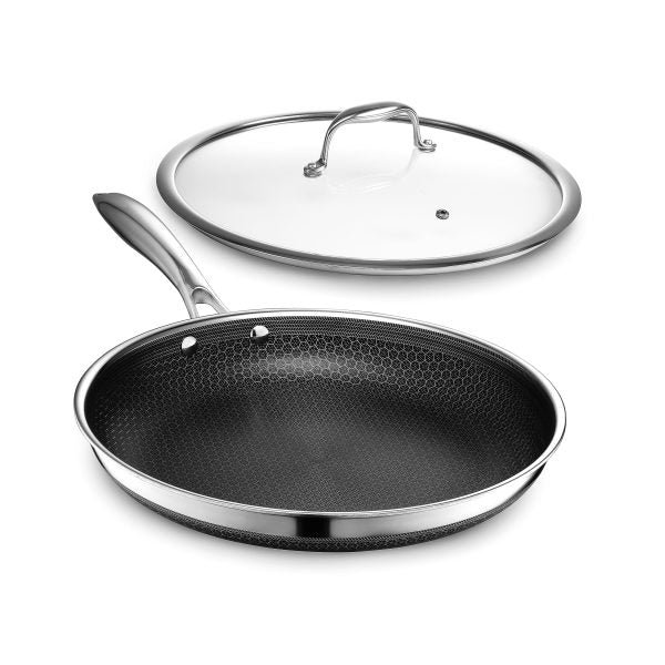HexClad Hybrid Nonstick 12-Inch Fry Pan with Tempered Glass Lid, Stay-Cool Handle, Dishwasher and Oven Safe
