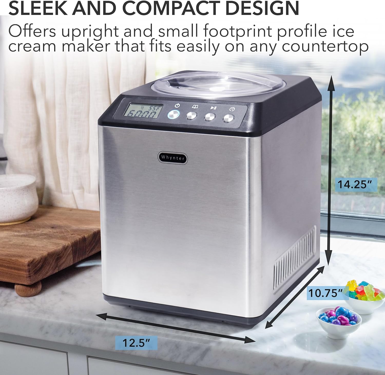 Automatic Ice Cream Maker 1.6 Quart Capacity Stainless Steel, with Built-in Compressor, no pre-Freezing, LCD Digital Display, Timer, One Size, Black