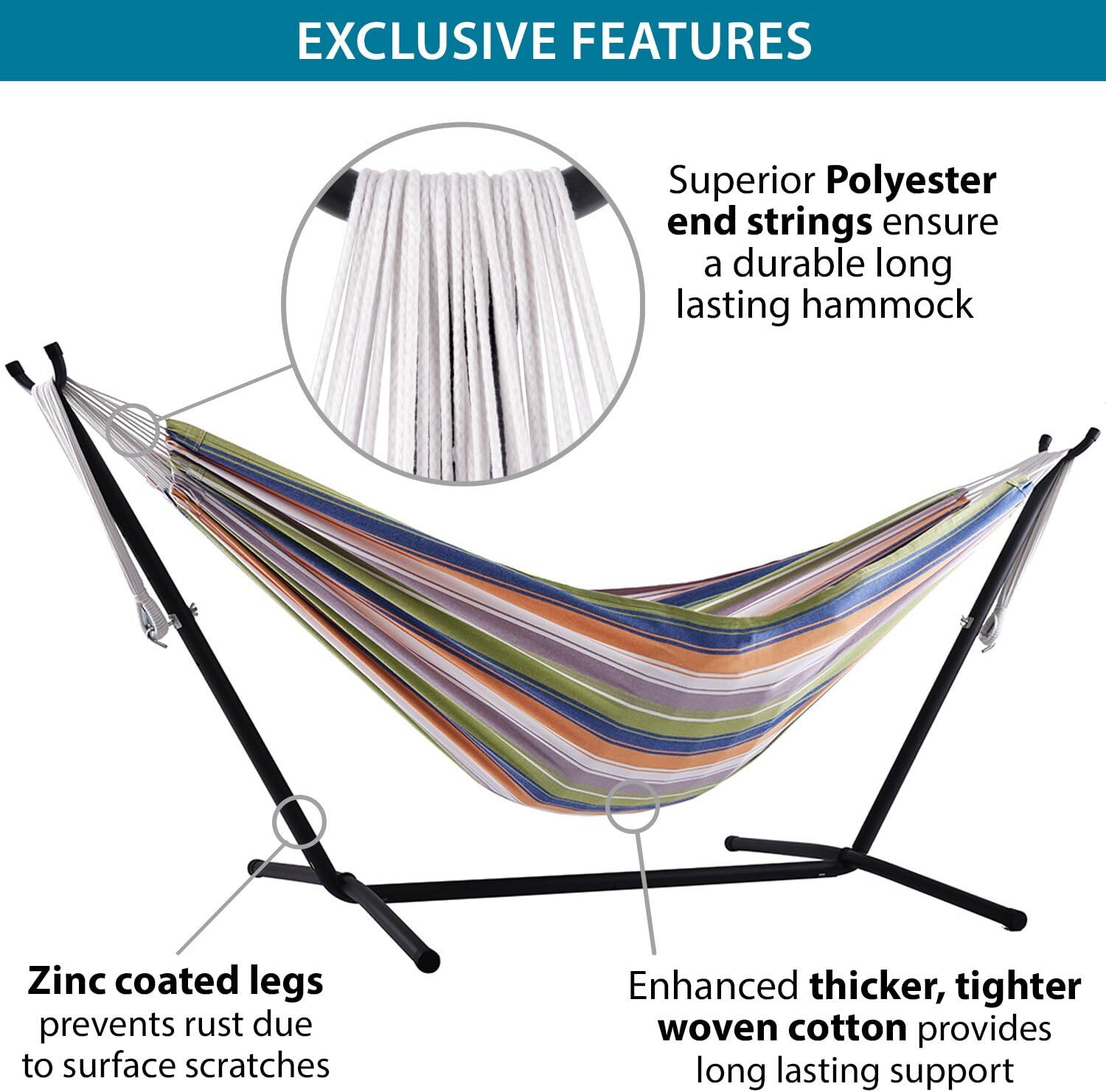 Vivere Double Cotton Hammock with Steel Stand, 450 lb Capacity, Tropical Colors, Includes Premium Carry Bag