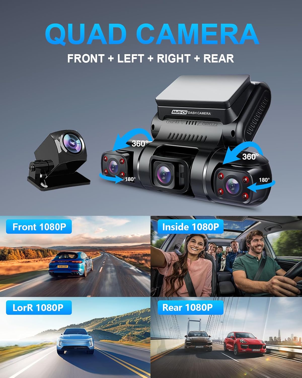 Dash Cam, 4 Channel Dash Camera FHD 1080Px4, Front, Left, Right and Rear, Front and Rear Inside, Built in GPS WiFi, 256 GB Max, Free 128GB Card, D90-4CH-128GB
