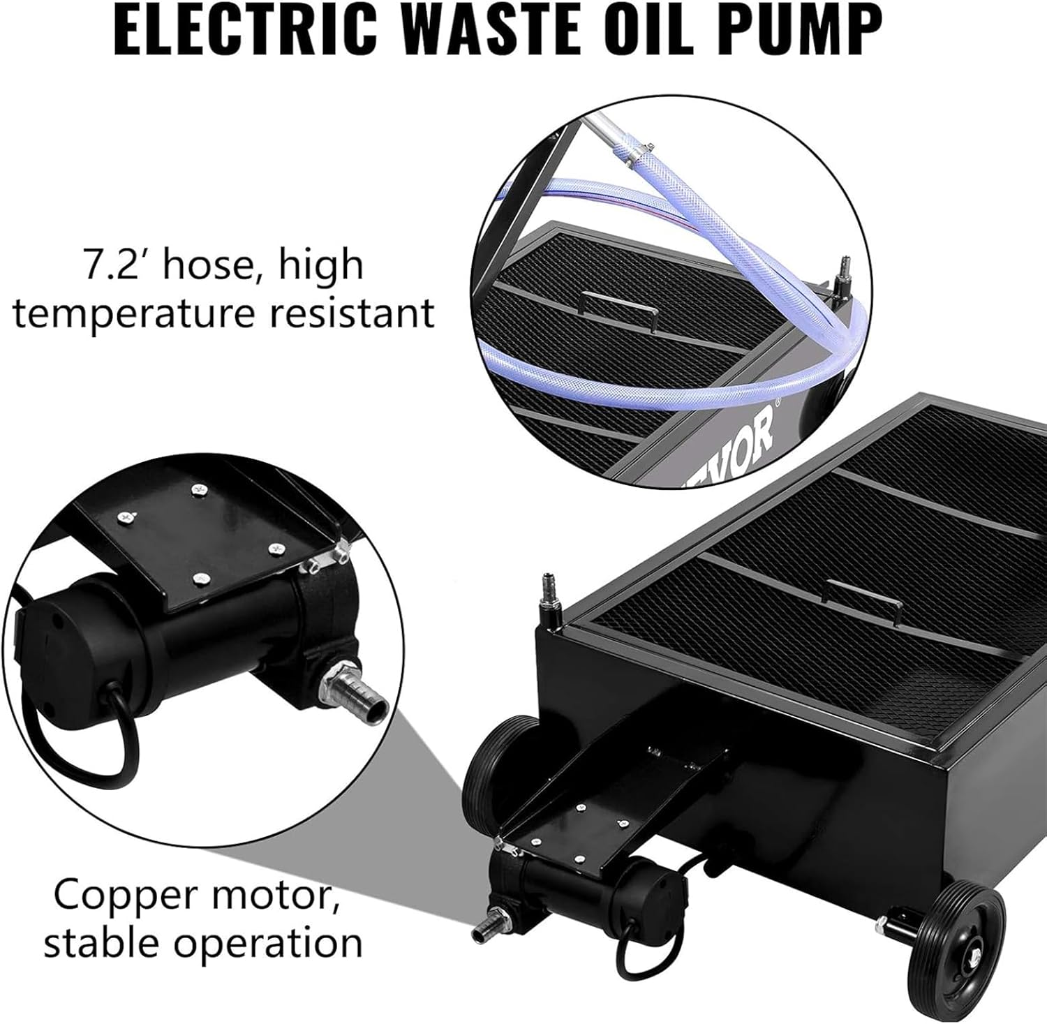 Profile Oil Drain Pan, 15 Gallon Oil Drain Pan with Pump, Oil Change Pan with 180W Electric Pump, 8.2ft Hose & Folding Handle, Rolling Oil Drain Cart for Trucks, Buses, RVs