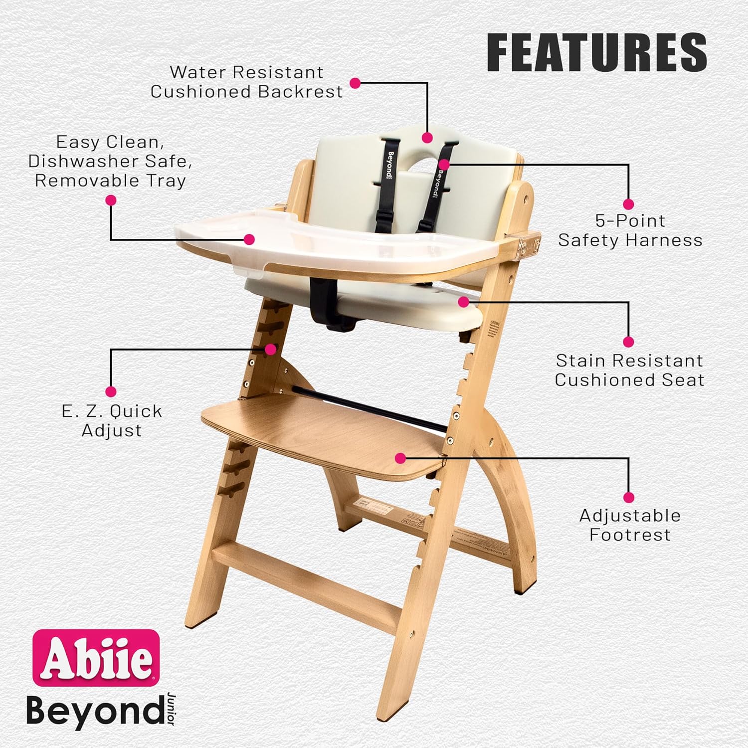 Abiie Beyond Junior High Chair, Adjustable Wood, Dove Grey Cushion, 250 lb Capacity, Stain & Water Resistant