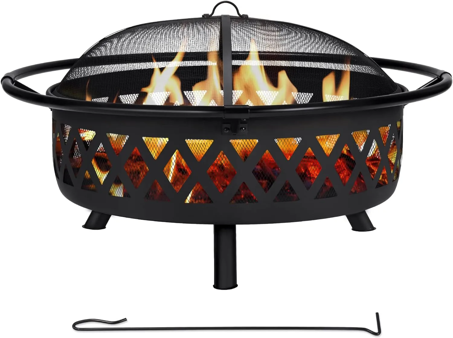 SUNCREAT 42��� Alloy Steel Outdoor Fire Pit, Wood Burning with Spark Screen & Poker, Black, Round Garden Fireplace