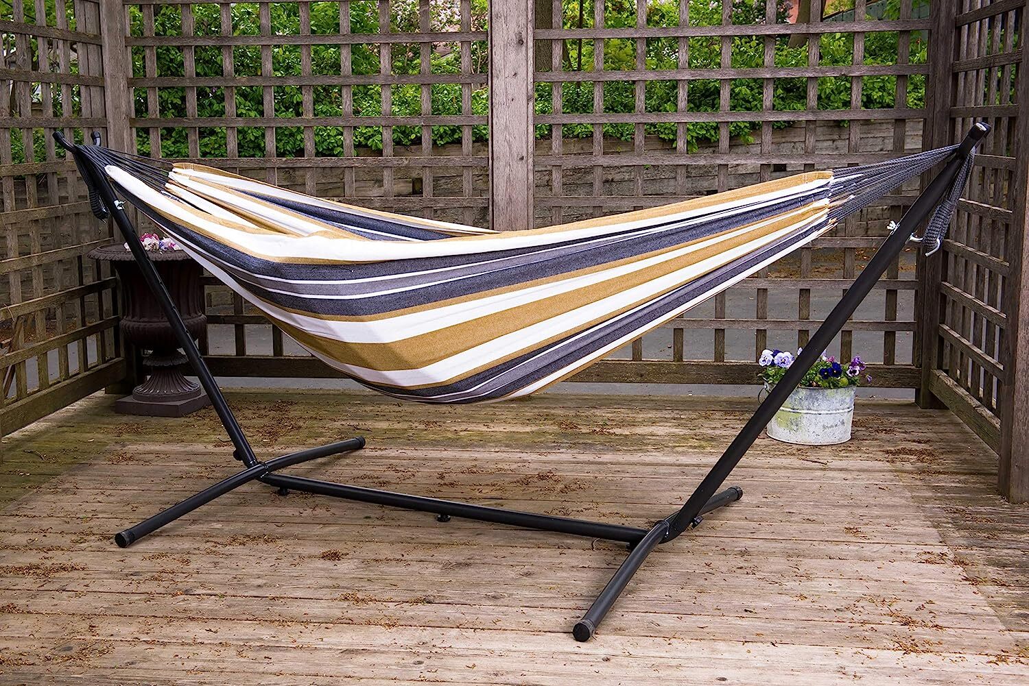 Vivere Double Cotton Hammock with Steel Stand, 450 lb Capacity, Tropical Colors, Includes Premium Carry Bag