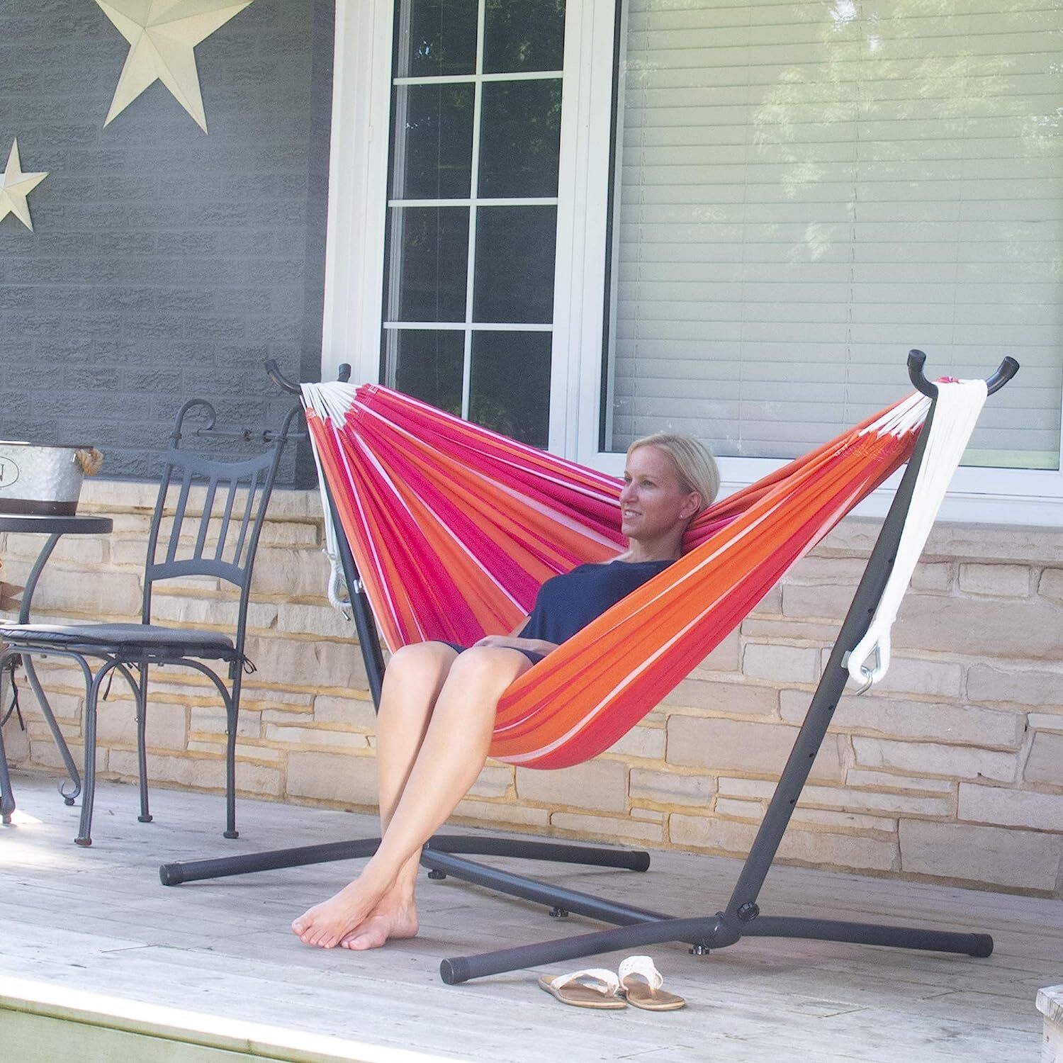 Vivere Double Cotton Hammock with Steel Stand, 450 lb Capacity, Tropical Colors, Includes Premium Carry Bag