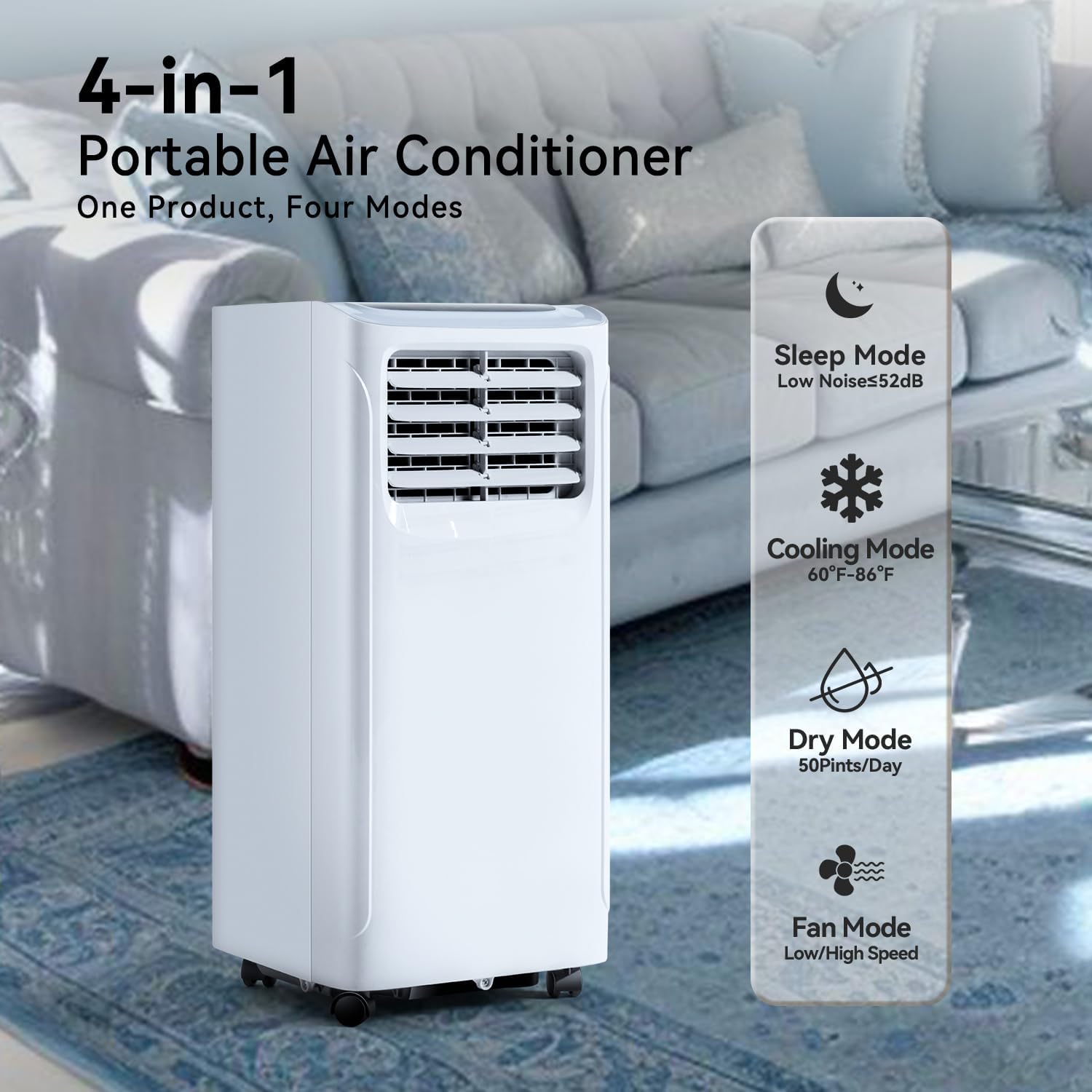 Portable Air Conditioner Cools up to 300 Sq.ft, 4-IN-1 Portable AC Unit with Cooling, Dehumidifier, Fan, 24H Timer (Window Venting Kit Included)