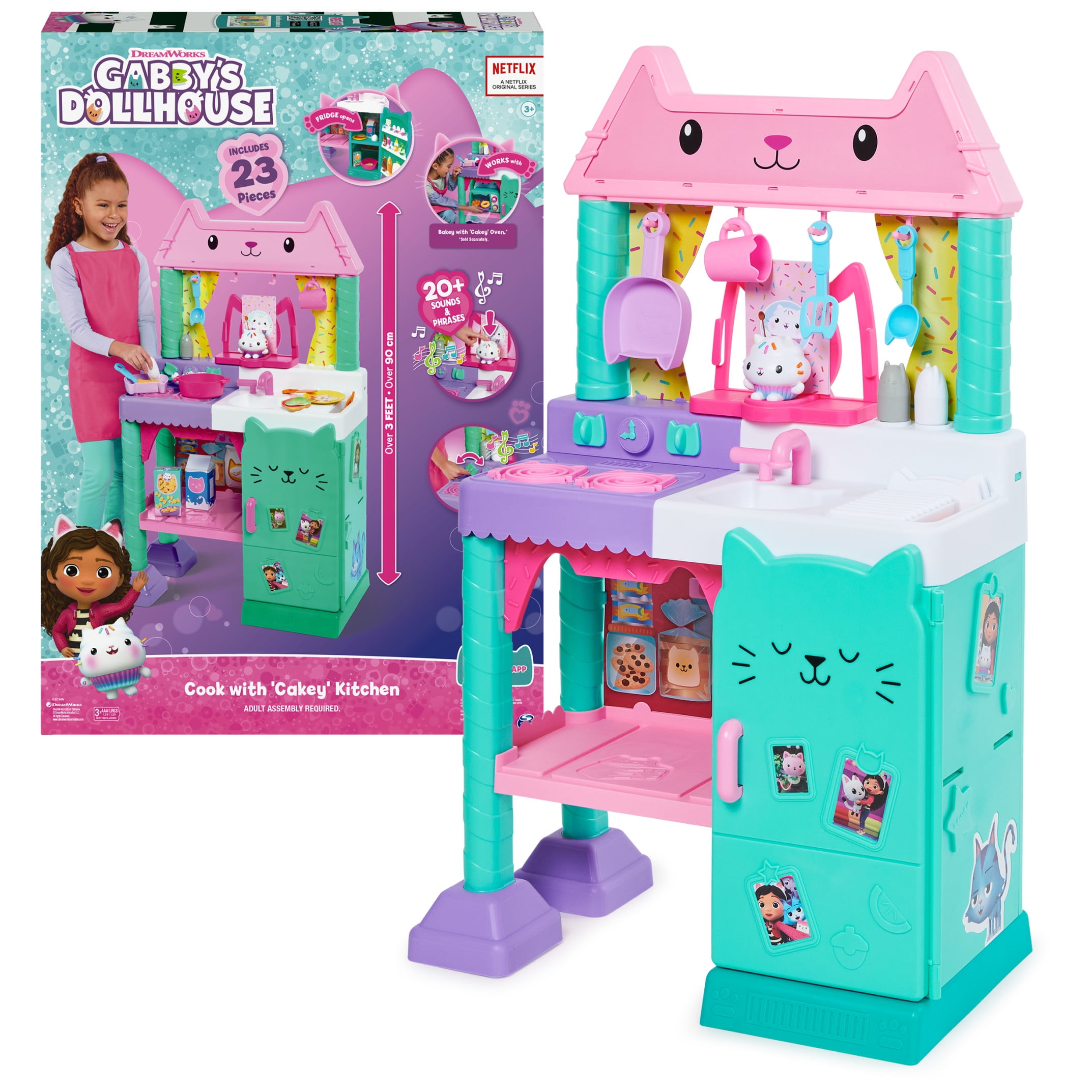 Gabby��s Dollhouse Cakey Cat Kitchen Set for Kids, 3ft Tall Play Kitchen with Sounds & Accessories