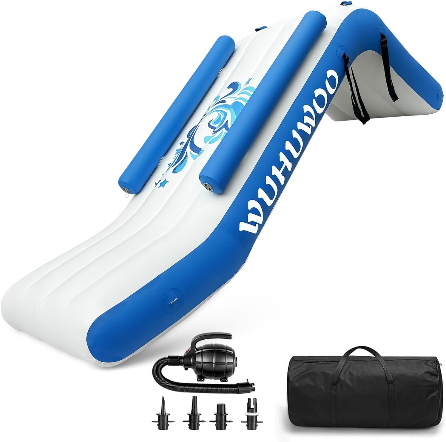 Pontoon Waterfall Slide, Inflatable Pontoon Boat Water Slide for Kids Backyard Pool Sea, Electric Air Pump & Storage Bag