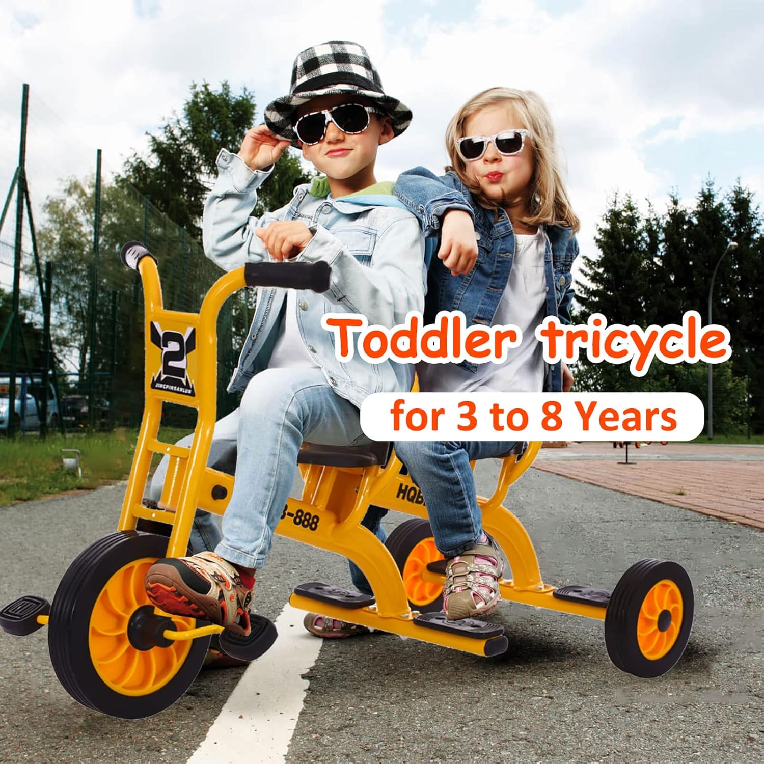 Double Seat Tandem Tricycle for Kids Ages 3-8, Carbon Steel Frame, Inflation-Free Rubber Wheels, Outdoor Play Equipment