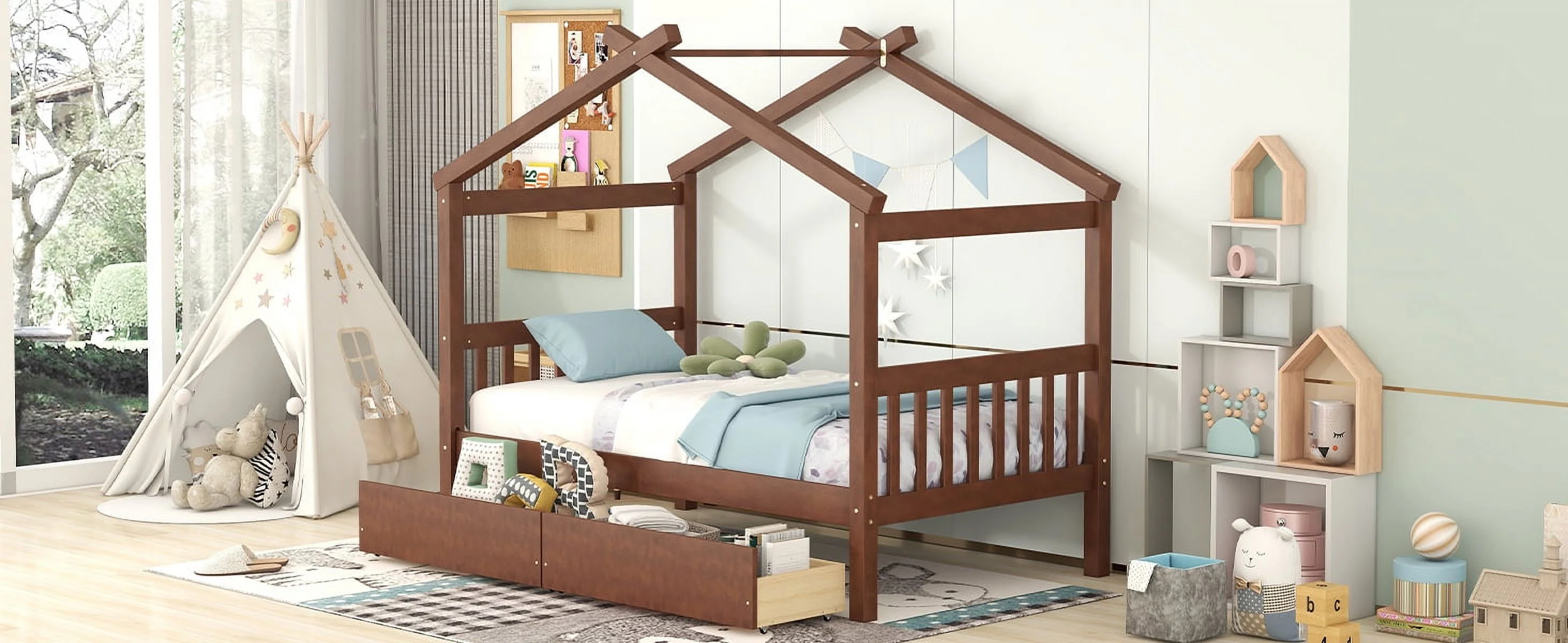 Upgrade your bedroom decor with this cozy and elegant Twin Size Wooden House Bed. Featuring spacious drawers and a stylish walnut finish this bed is the perfect addition to your bedroom.