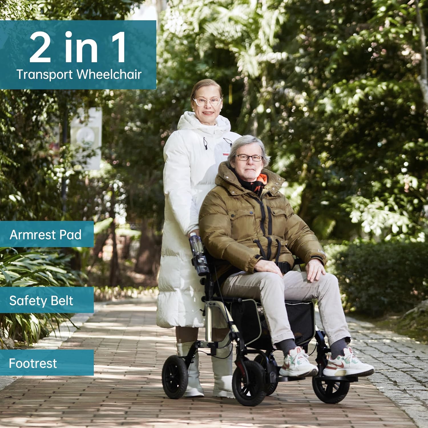 Blue All-Terrain 2-in-1 Rollator Walker & Transport Chair with 10   Non-Pneumatic Wheels, Folding Design, Reversible Backrest & Detachable Footrests for Seniors