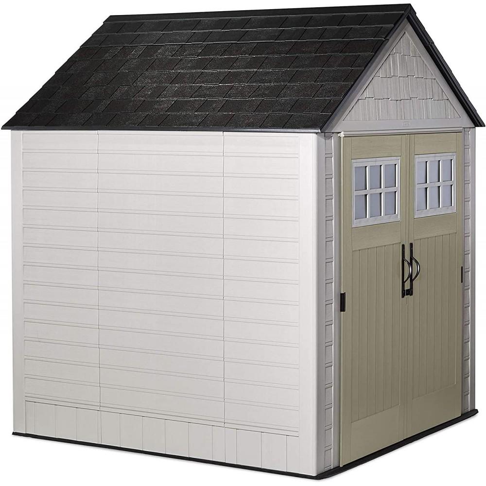g Rubbermaid 7��7 Ft Durable Weather Resistant Resin Outdoor Garden Storage Shed with Windows and Utility Hooks, Sand