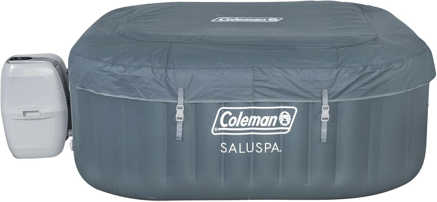 4 to 6 Person Inflatable Hot Tub Square Portable Outdoor Spa with 114 Soothing AirJets and Insulated Cover, Gray-Coleman