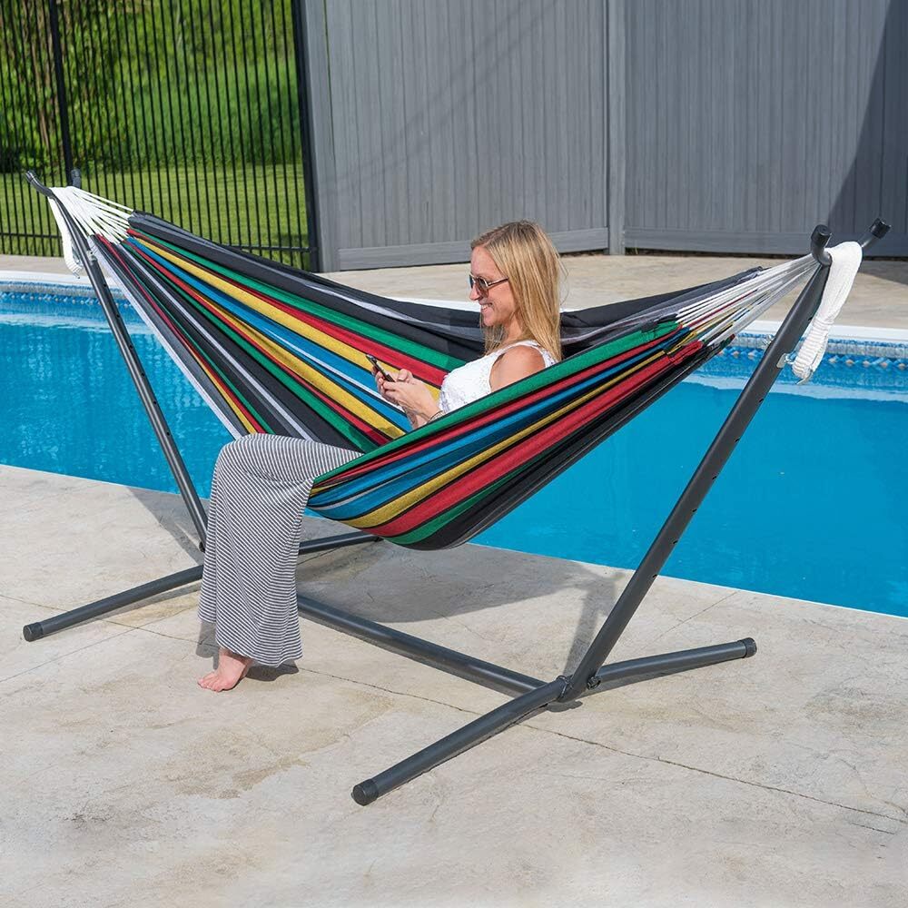 Vivere Double Cotton Hammock with Steel Stand, 450 lb Capacity, Tropical Colors, Includes Premium Carry Bag