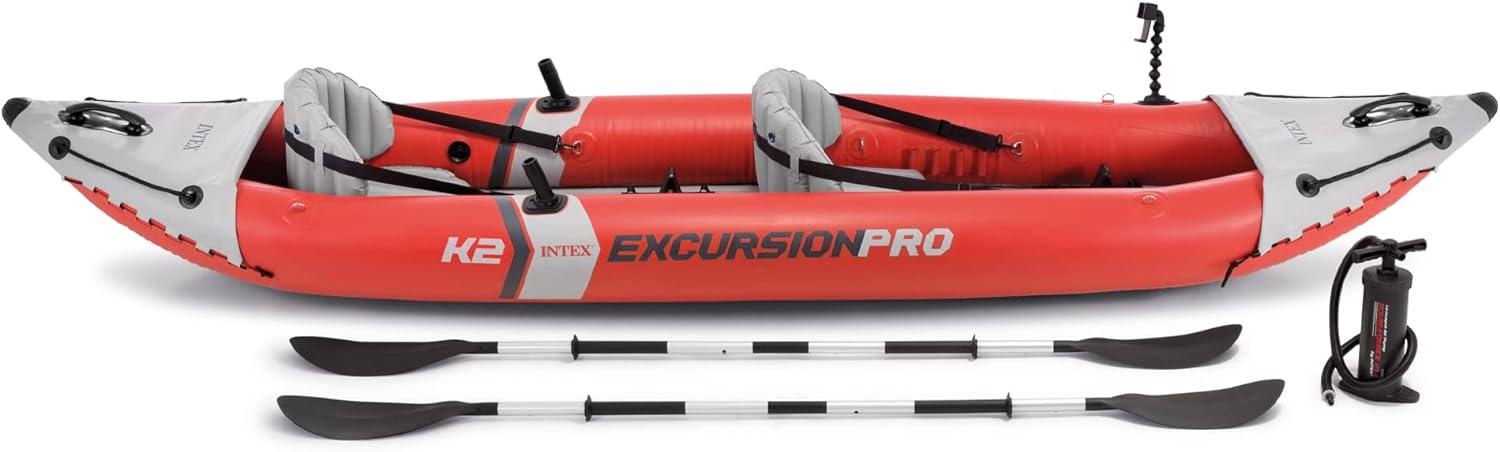 Excursion Pro Inflatable Kayak Series: Includes Deluxe 86in Kayak Paddles and High-Output Pump  ?SuperTough PVC  ?Adjustable Bucket Seat  ?Fishing Rod Holders  ?Grab Handles