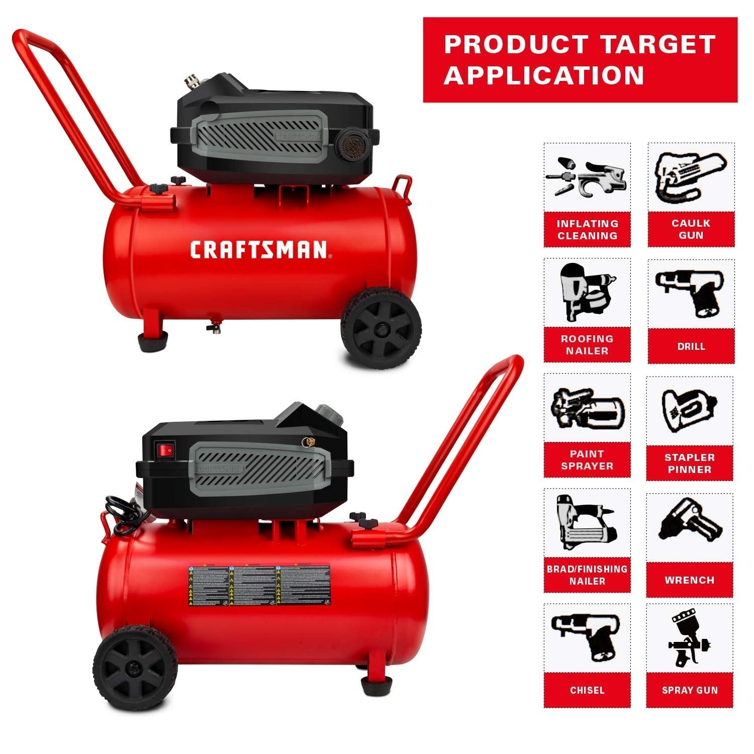 CRAFTSMAN HARD Air Compressor, 10 Gallon 1.8 HP 175 PSI, 4.0CFM@90PSI, Oil Free and Maintenance Free, Portable with Large Wheels, CMXECXA0201041