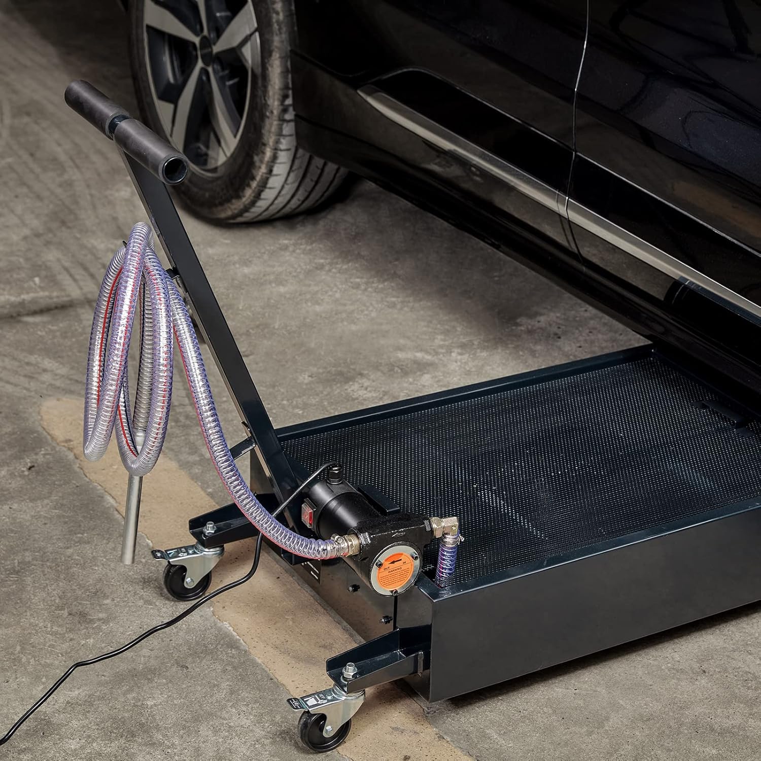 Profile Oil Drain Pan, 15 Gallon Oil Drain Pan with Pump, Oil Change Pan with 180W Electric Pump, 8.2ft Hose & Folding Handle, Rolling Oil Drain Cart for Trucks, Buses, RVs