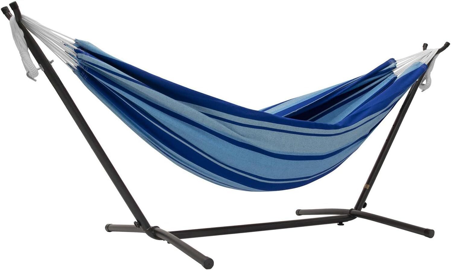 Vivere Double Cotton Hammock with Steel Stand, 450 lb Capacity, Tropical Colors, Includes Premium Carry Bag