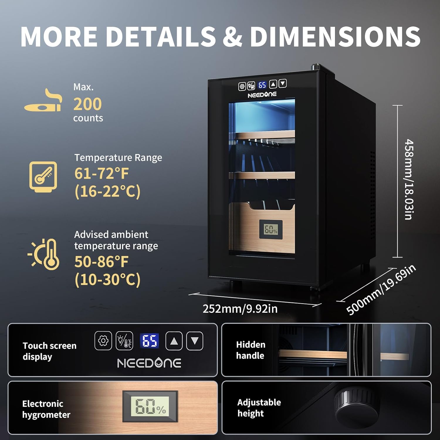 ThermoCigar 48L Cigar Humidor with Heating & Cooling, Cedar Wood, Digital Hygrometer, Quiet Electric Cooler for 350 Cigars