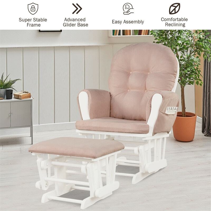 ComfortMax Wooden Glider Rocking Chair with Ottoman & Storage Pocket for Nursery, Supports 396 lbs, Beige
