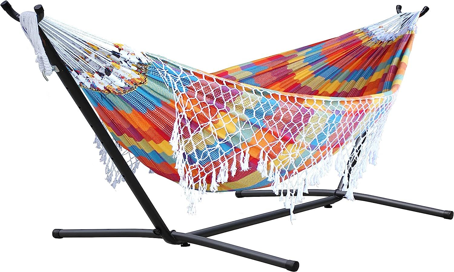 Vivere Double Cotton Hammock with Steel Stand, 450 lb Capacity, Tropical Colors, Includes Premium Carry Bag