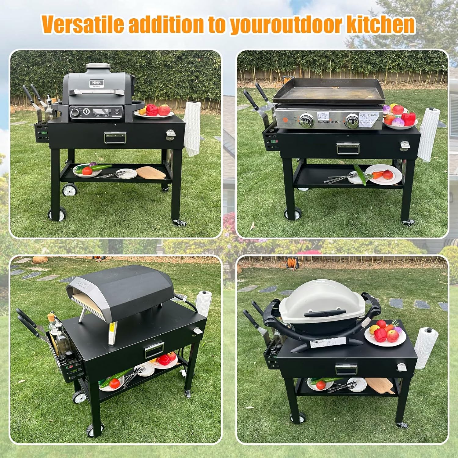 Portable Grill Table Cart for Outdoor Grills and Pizza Ovens, Universal Foldable Stand with Large Space
