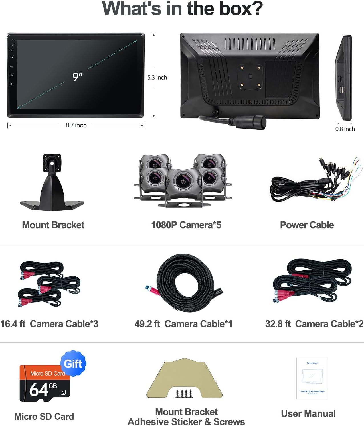 5-Channel 1080P Backup Camera Dash Cam with 9'' Monitor Android.11 System,DVR Recording Back Up Camera for RV/Truck/Van/Trailer/SUV Cars, Car Stereo with Wireless CarPlay/Android Auto/BT/FM radio/WiFi