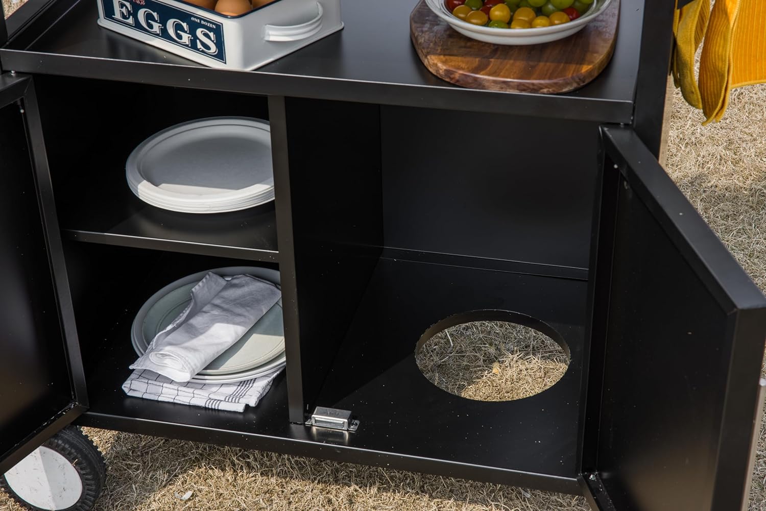 Grill Table Outdoor Kitchen Cabinet, Moveable Outdoor Prep Table & Bar for Storage, Grilling and Pizza Oven, Multifunctional Silver & Black