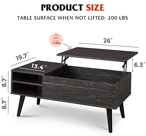 WLIVE Lift Top Coffee Table with Hidden Compartment & Adjustable Storage Shelf
