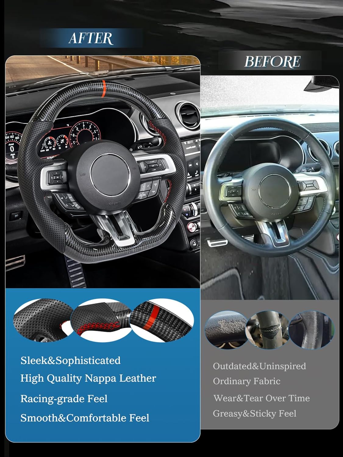 Carbon Fiber Steering Wheel for Ford Mustang 2018-2022 Nappa Perforated Leather with Hand Stitching D-shaped Steering Wheel for Mustang EcoBoost/GT for Shelby GT350/GT350R