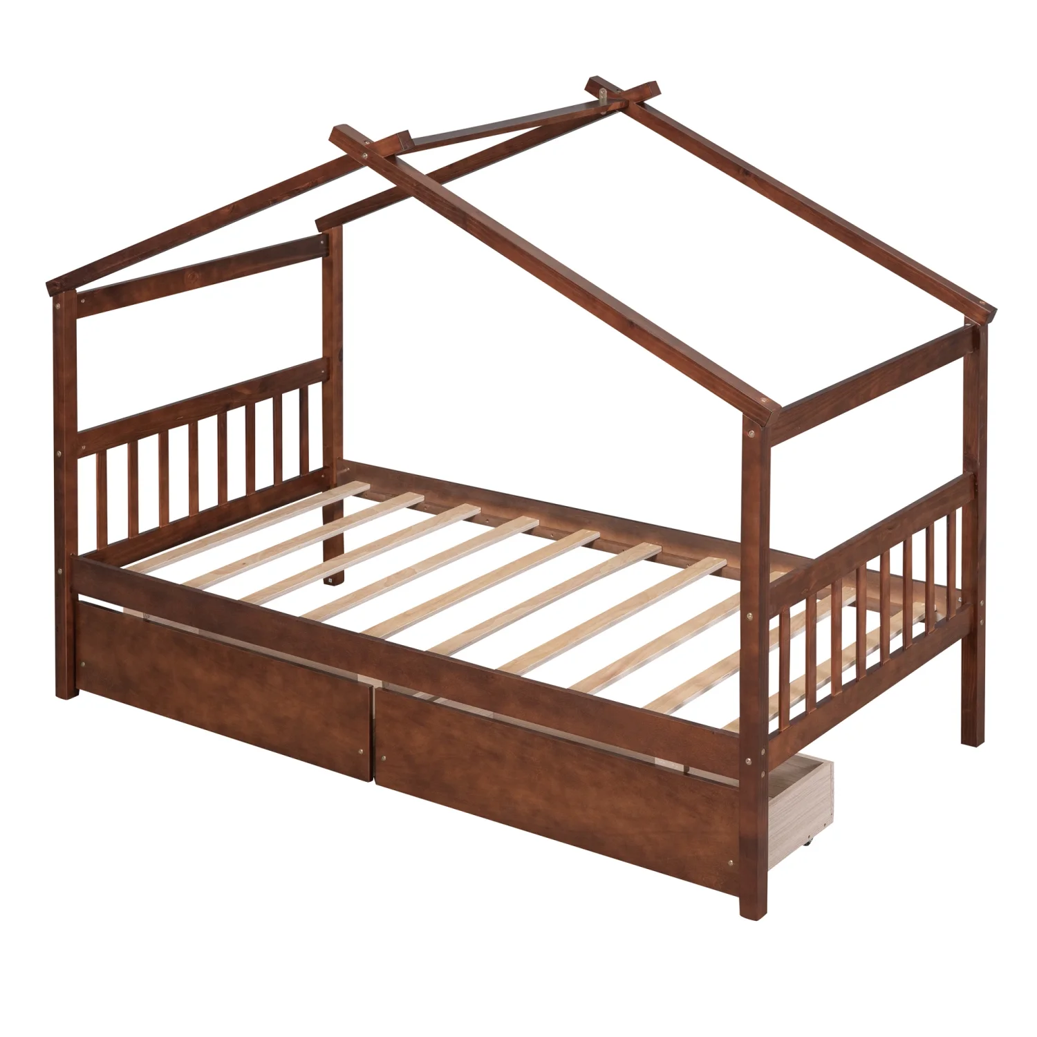 Upgrade your bedroom decor with this cozy and elegant Twin Size Wooden House Bed. Featuring spacious drawers and a stylish walnut finish this bed is the perfect addition to your bedroom.