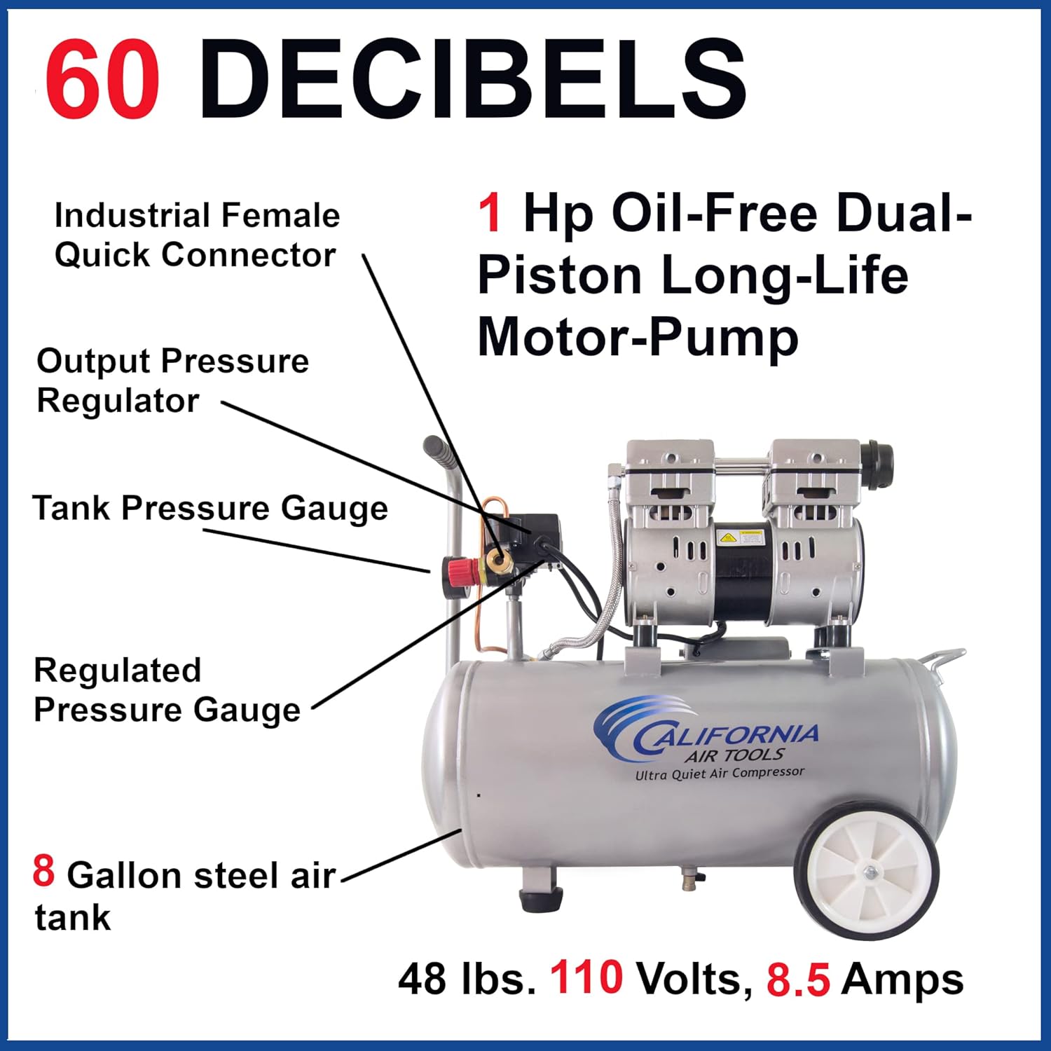 8010 Steel Tank Air Compressor | Ultra Quiet, Oil-Free, 1.0 hp, 8 gal