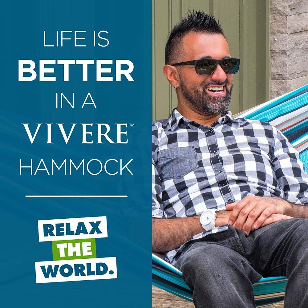 Vivere Double Cotton Hammock with Steel Stand, 450 lb Capacity, Tropical Colors, Includes Premium Carry Bag