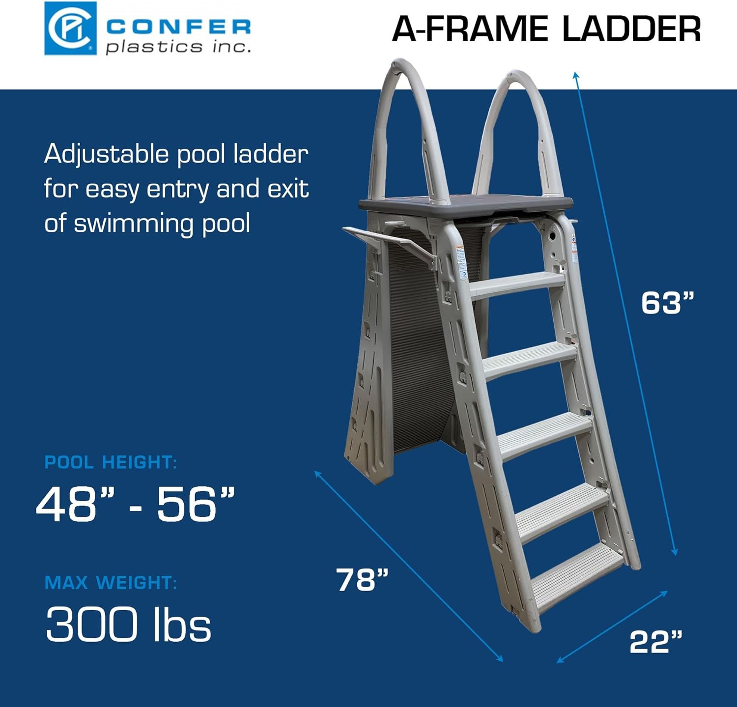Confer Plastics 7200 Roll Guard 48��� to 56��� Adjustable A Frame Safety Ladder for Above Ground Outdoor Patio Swimming Pool Platform Ladder with Step Barrier, Warm Grey...