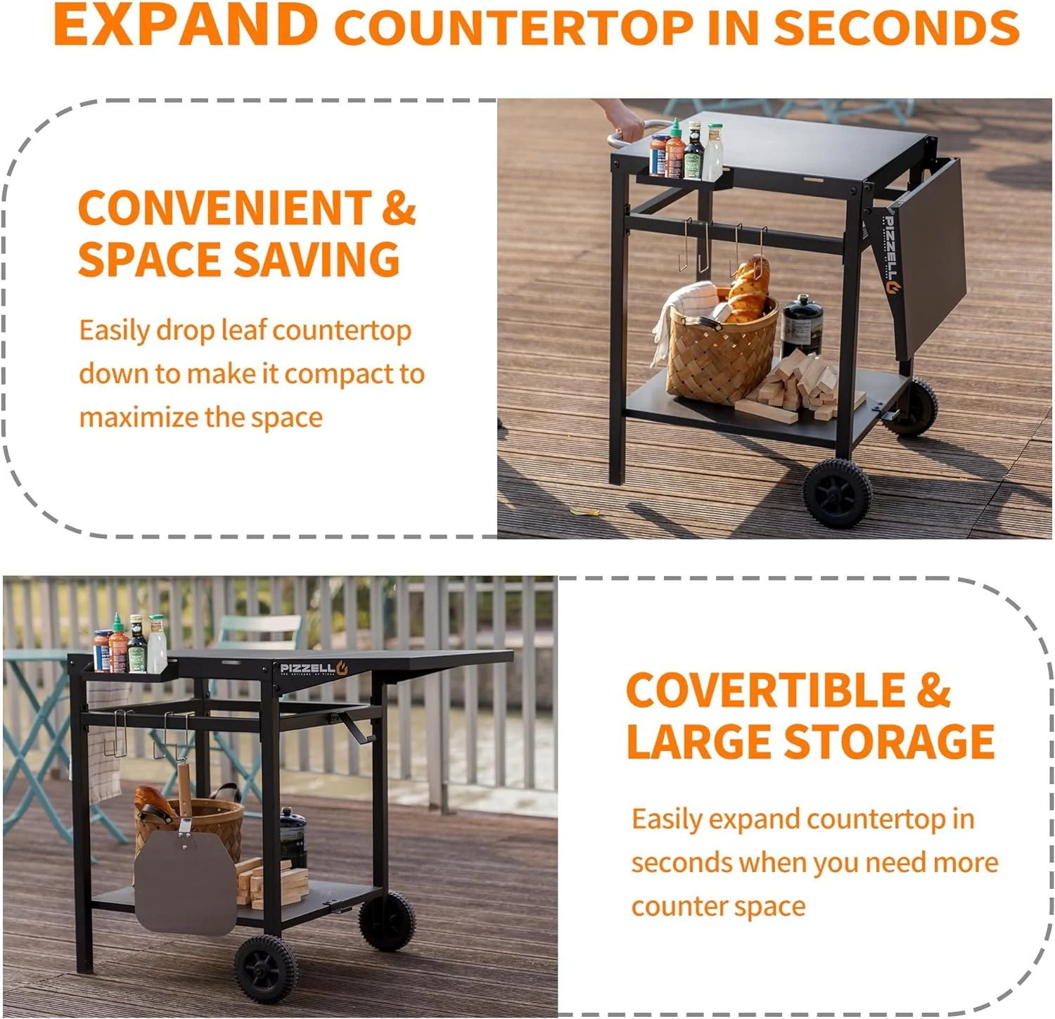 Movable Outdoor Grill Cart with Double-Shelf Trolley and Foldable Tabletop