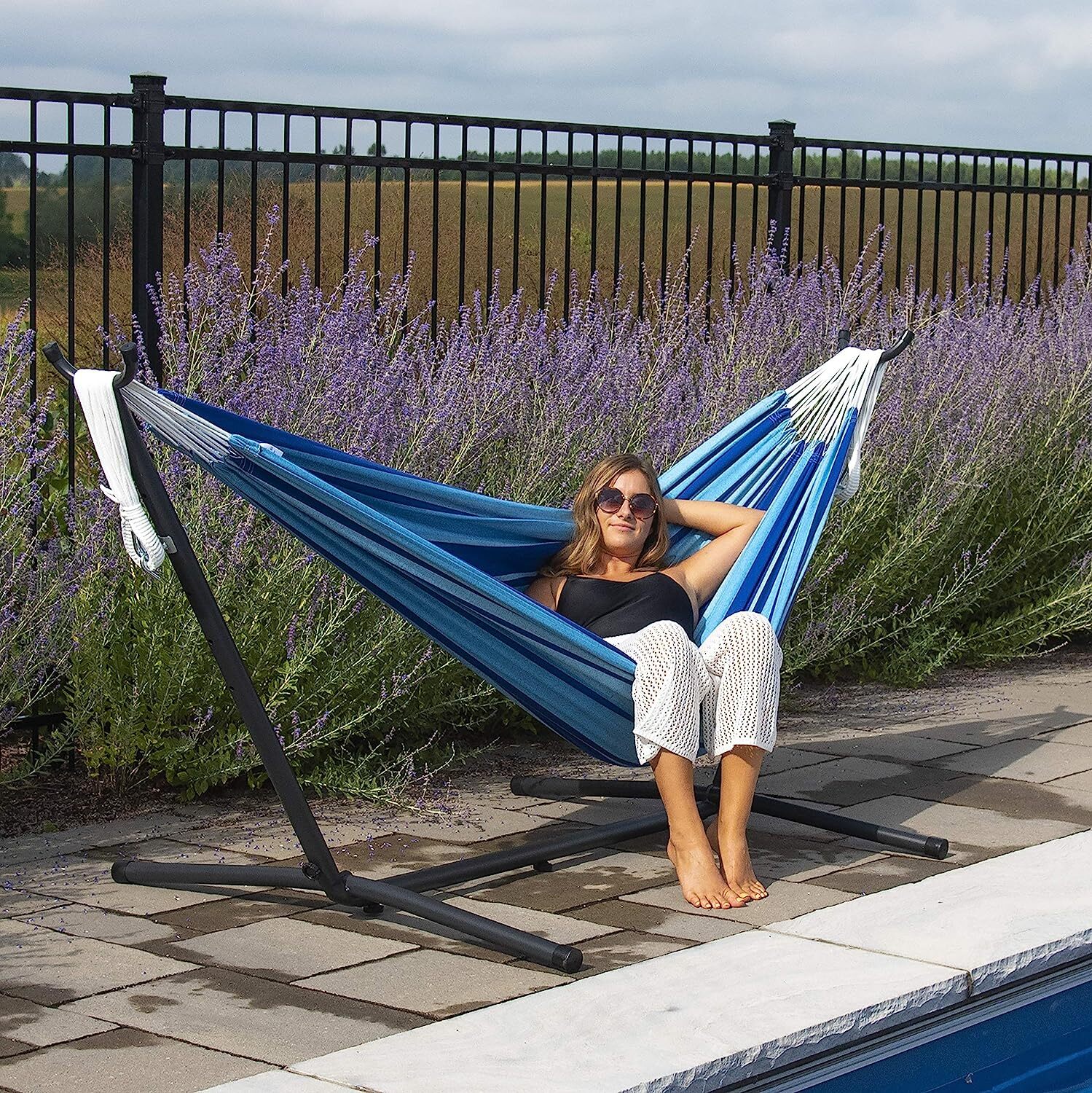 Vivere Double Cotton Hammock with Steel Stand, 450 lb Capacity, Tropical Colors, Includes Premium Carry Bag