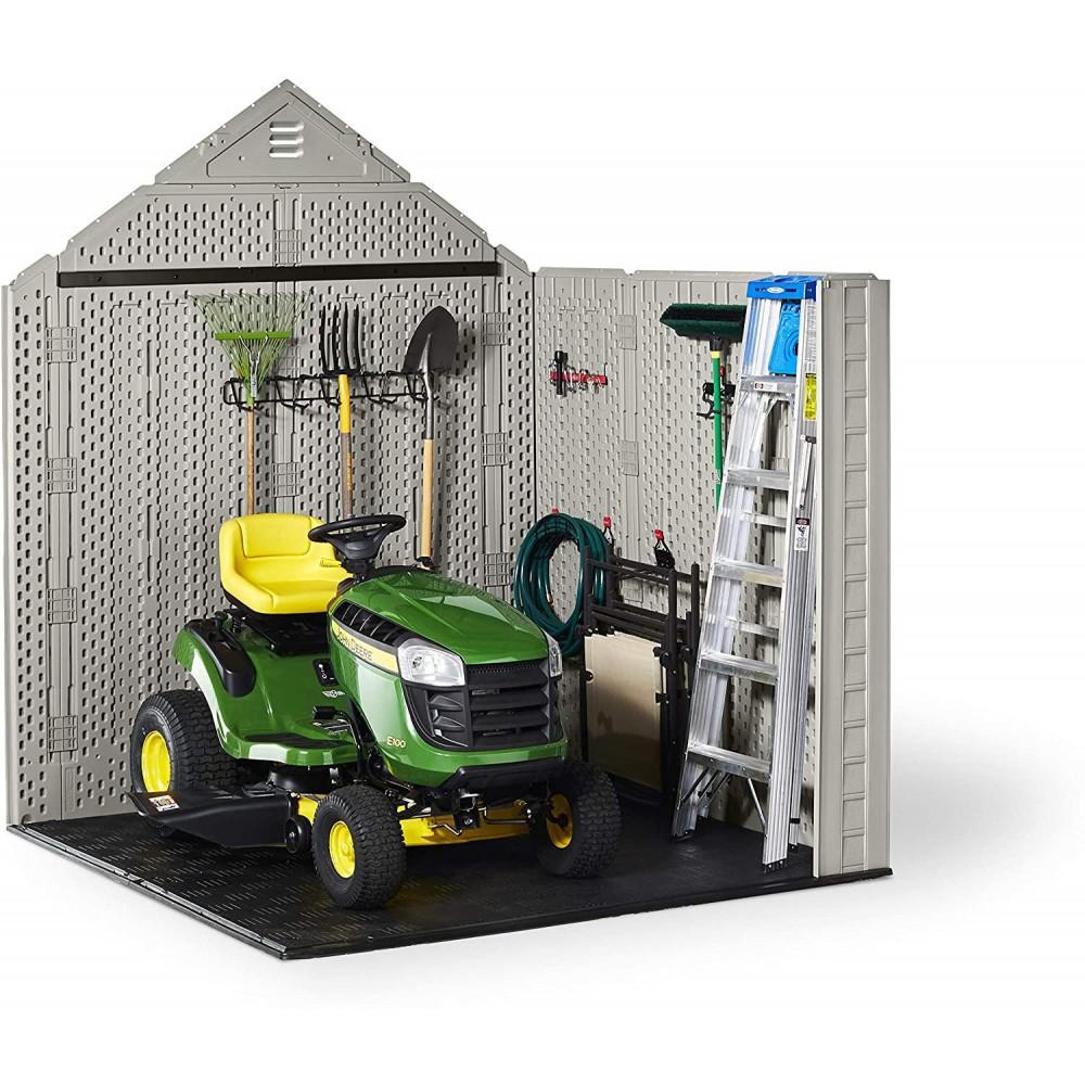 g Rubbermaid 7��7 Ft Durable Weather Resistant Resin Outdoor Garden Storage Shed with Windows and Utility Hooks, Sand