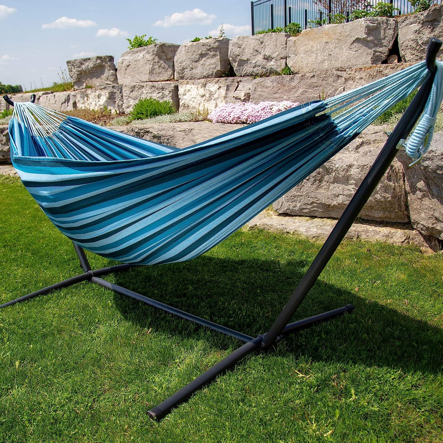 Vivere Double Cotton Hammock with Steel Stand, 450 lb Capacity, Tropical Colors, Includes Premium Carry Bag