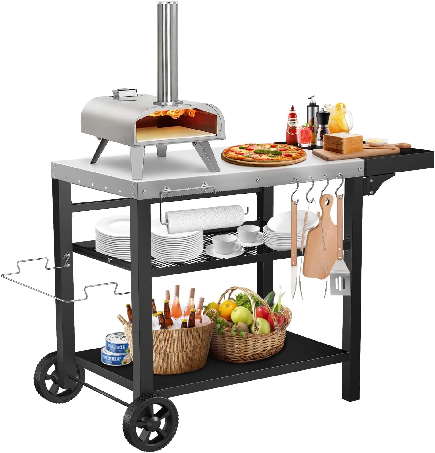 Outdoor Grill Cart with Three-Shelf Food Prep Table and Drawer
