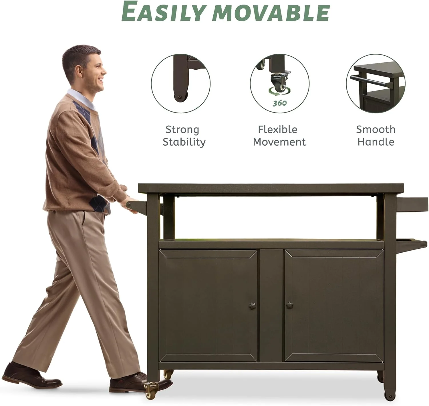 Outdoor Storage Cabinet with Wheels - Heavy Duty Metal Grill Table for BBQ, Patio, Backyard (XL)