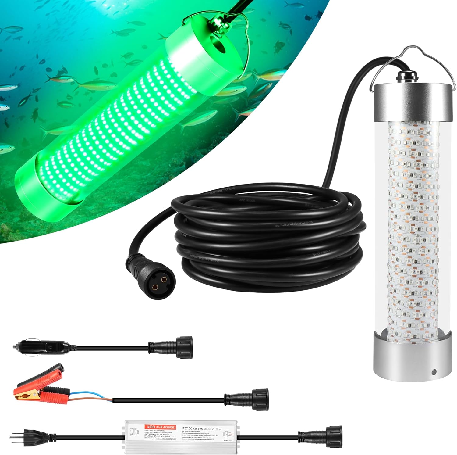 Underwater Fishing Light, 10000~80000lm 100W / 300W / 400W / 800W, 12V / 110V / 220V Green Night Fishing Attractor IP68 Submersible Lamp for Crappie Snook Squid Shrimp, 49ft/33ft/16ft Wire