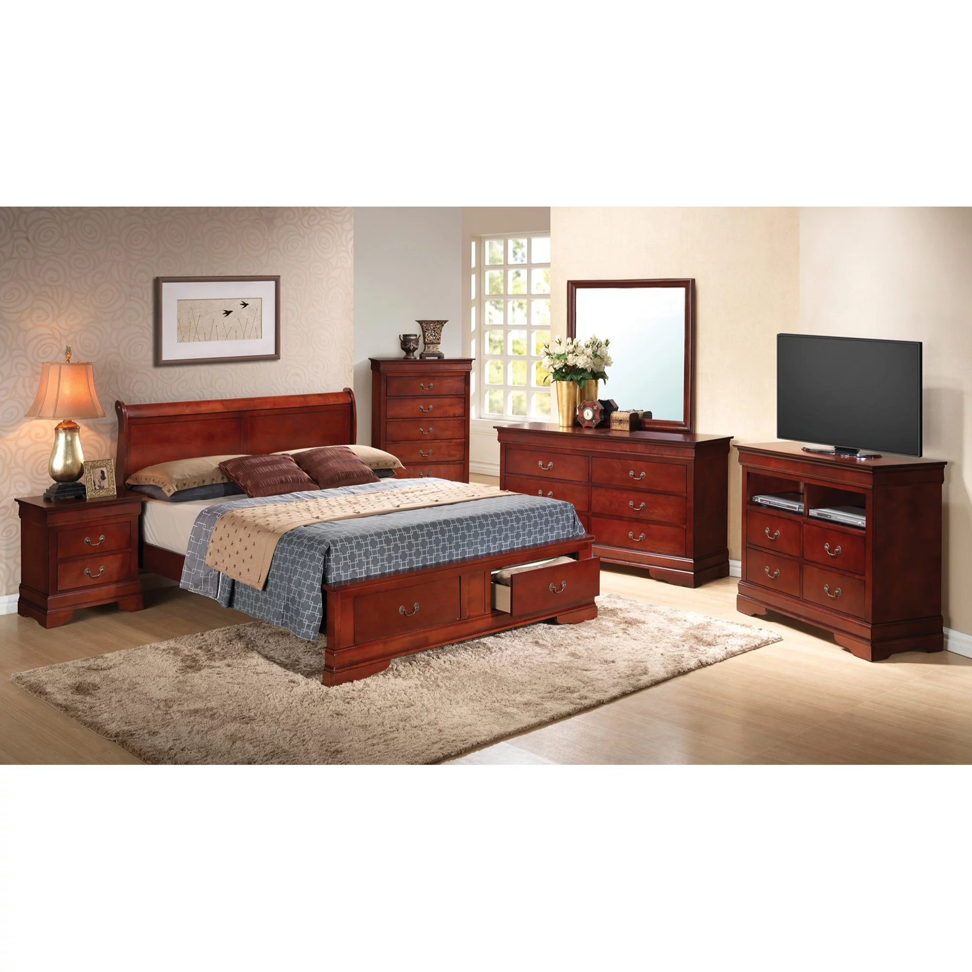 Passion Furniture PF-G3100D-FSB2 Louis Philippe Storage Sleigh Bed with 2 Drawers, Cherry - Full