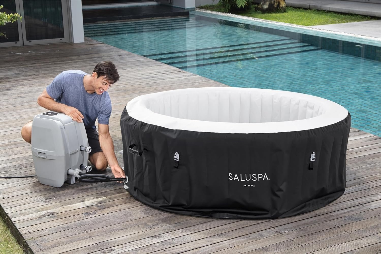 Bestway SaluSpa Miami EnergySense AirJet Inflatable Hot Tub Spa (71��� x 26���) | Portable Hot Tub with 2 Covers (1 Energy-Efficient Thermal Cover and 1 Standard Cover) | Fits Up to 2-4 Persons | Black