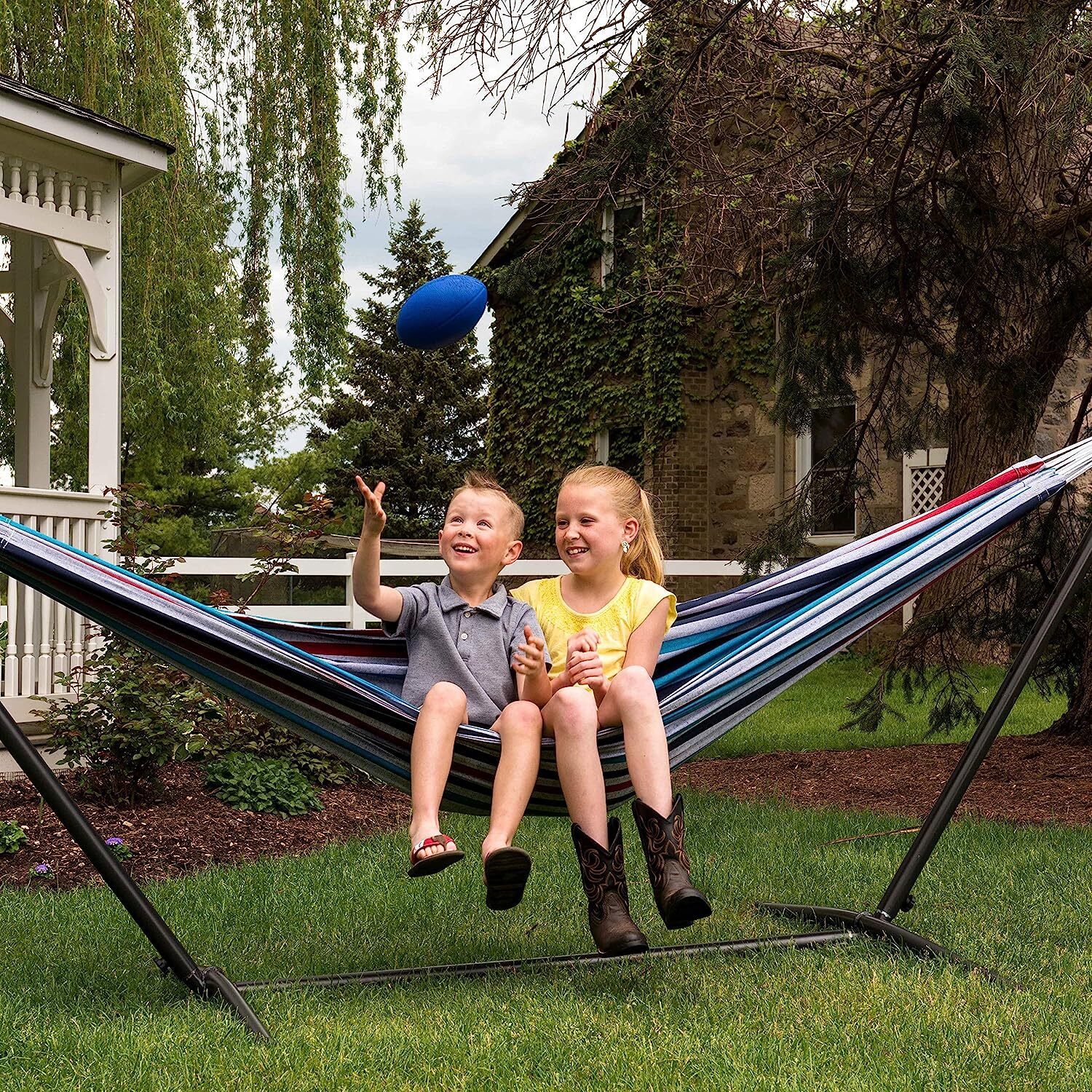 Vivere Double Cotton Hammock with Steel Stand, 450 lb Capacity, Tropical Colors, Includes Premium Carry Bag