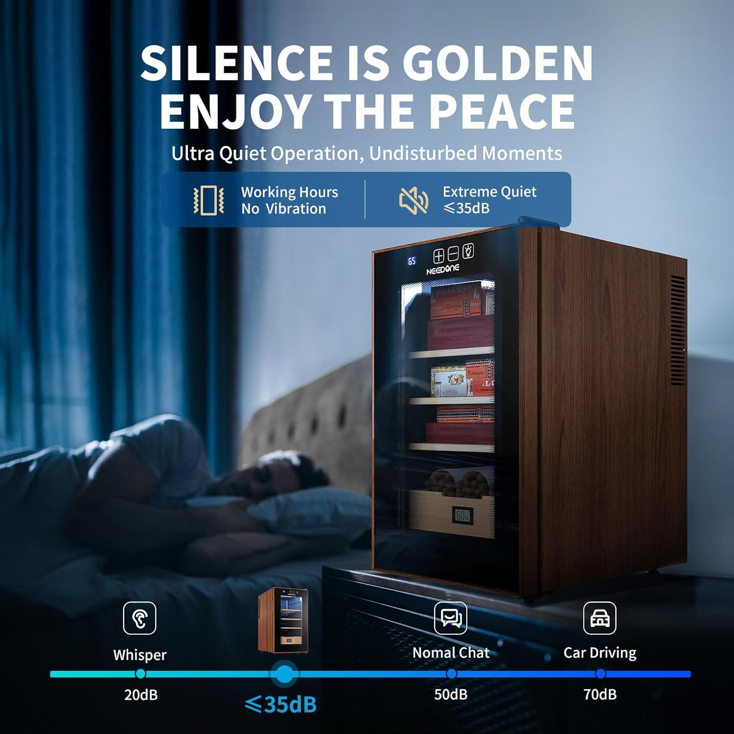 ThermoCigar 48L Cigar Humidor with Heating & Cooling, Cedar Wood, Digital Hygrometer, Quiet Electric Cooler for 350 Cigars