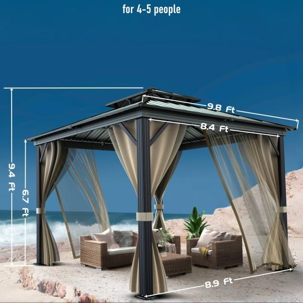 10��x10�� Hardtop Gazebo with double metal roof, aluminum frame, net, and curtain. All-weather, ideal for patio, deck, garden, backyard. Khaki.