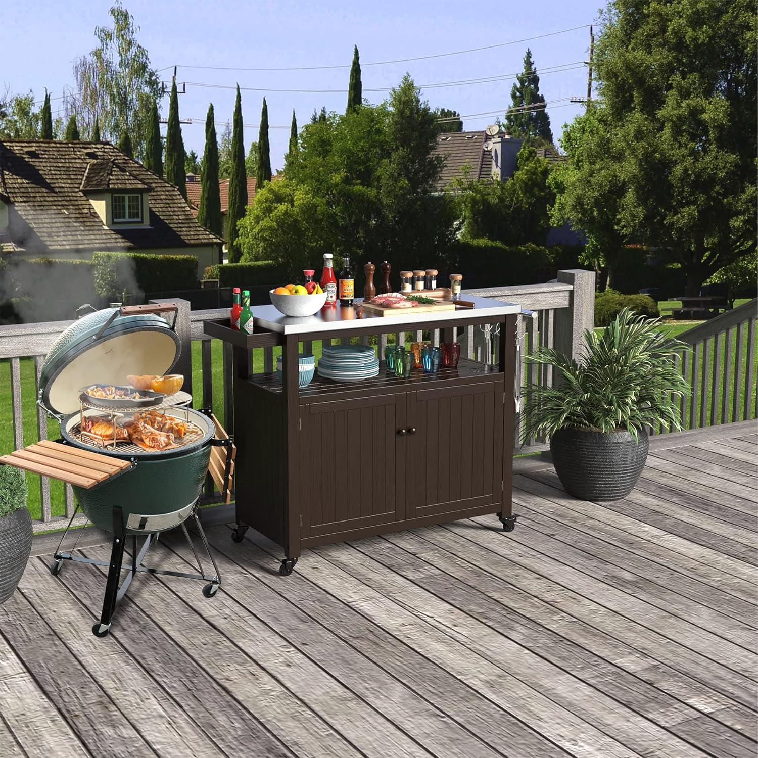 Outdoor Storage Cabinet Solid Wood Prep Grill Table with Stainless Steel Top - Dark Brown