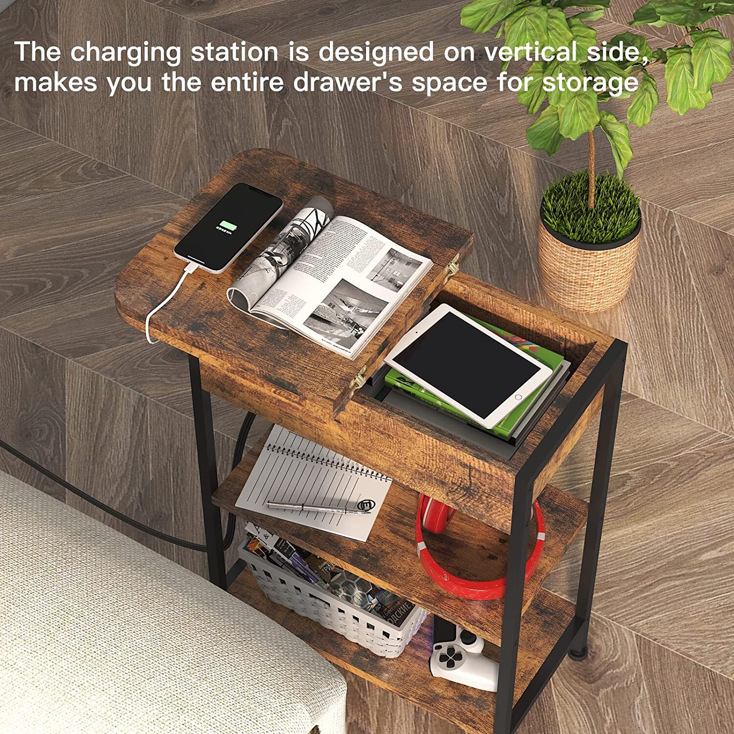 Flip Top End Table with Charging Station  C USB Ports & Outlets, Storage Shelf, Ideal for Living Room & Bedroom by [Brand Name]