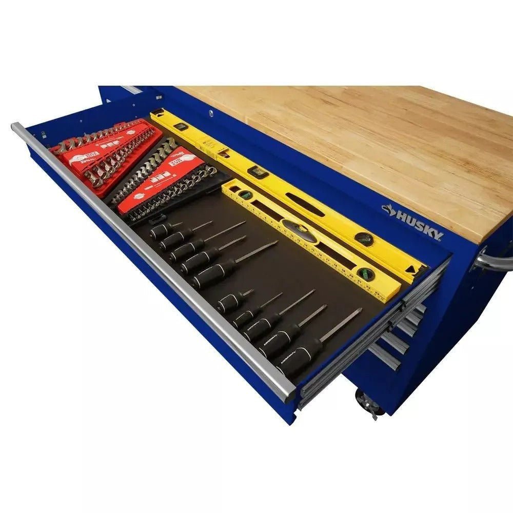 72 in. 18-Drawer Mobile Workbench with Solid Wood Top in Gloss Blue
